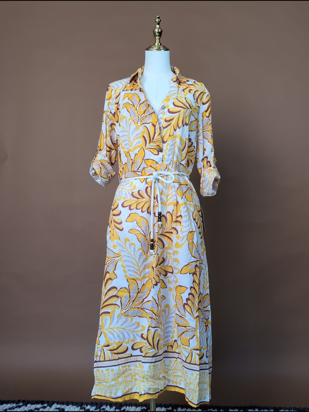 Vibrant Mlle Gabrielle Floral Leaf Maxi Shirt Dress in Yellow White Trend